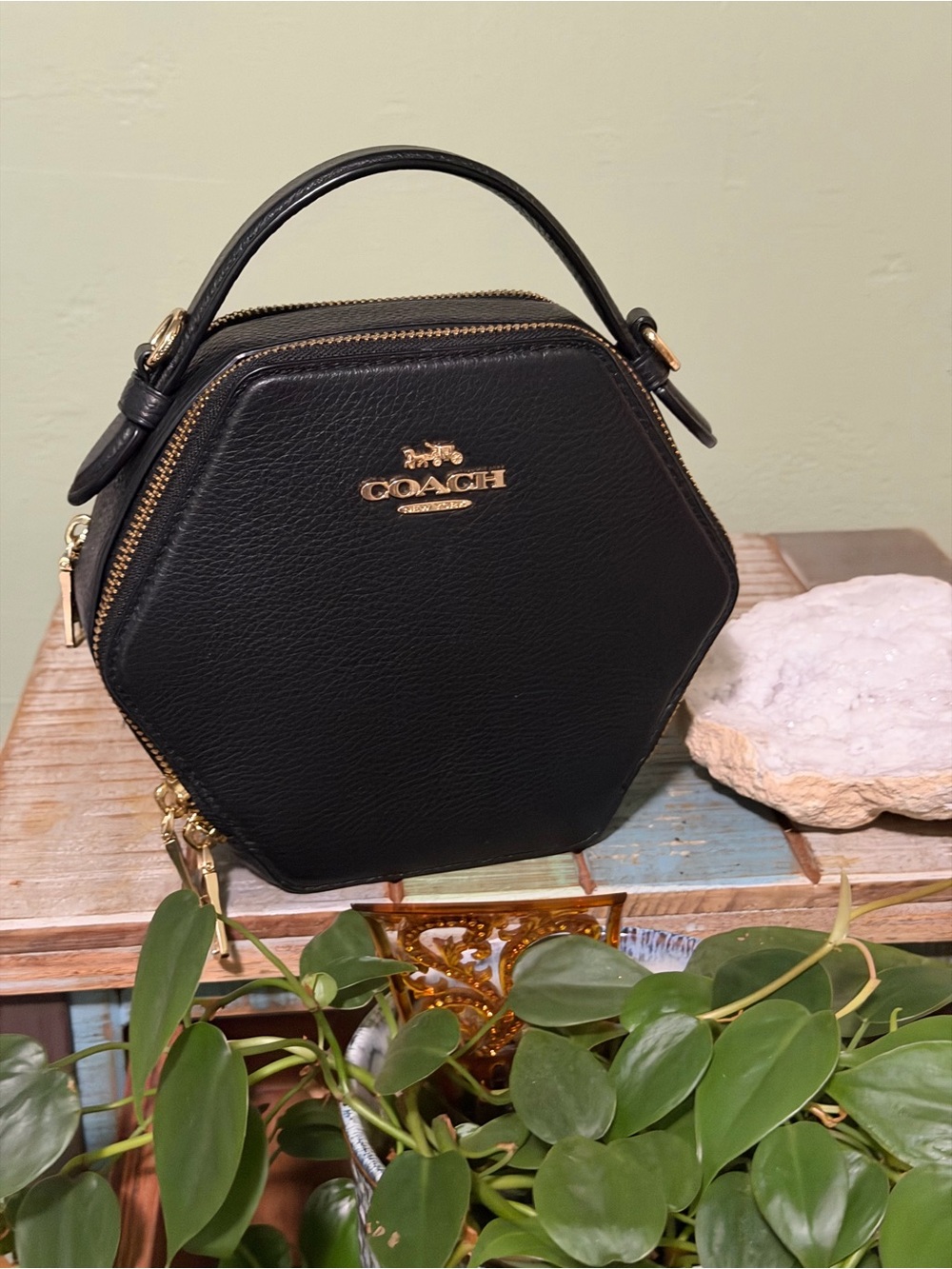Coach Black Hexagon Leather Crossbody with Gold Hardware